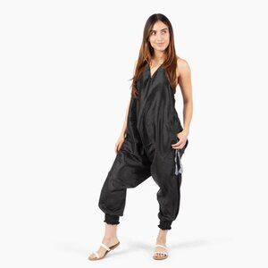 Metallic Savannah Jumpsuit Halter Neck Backless Tapered Leg Pockets Jumper Onyx